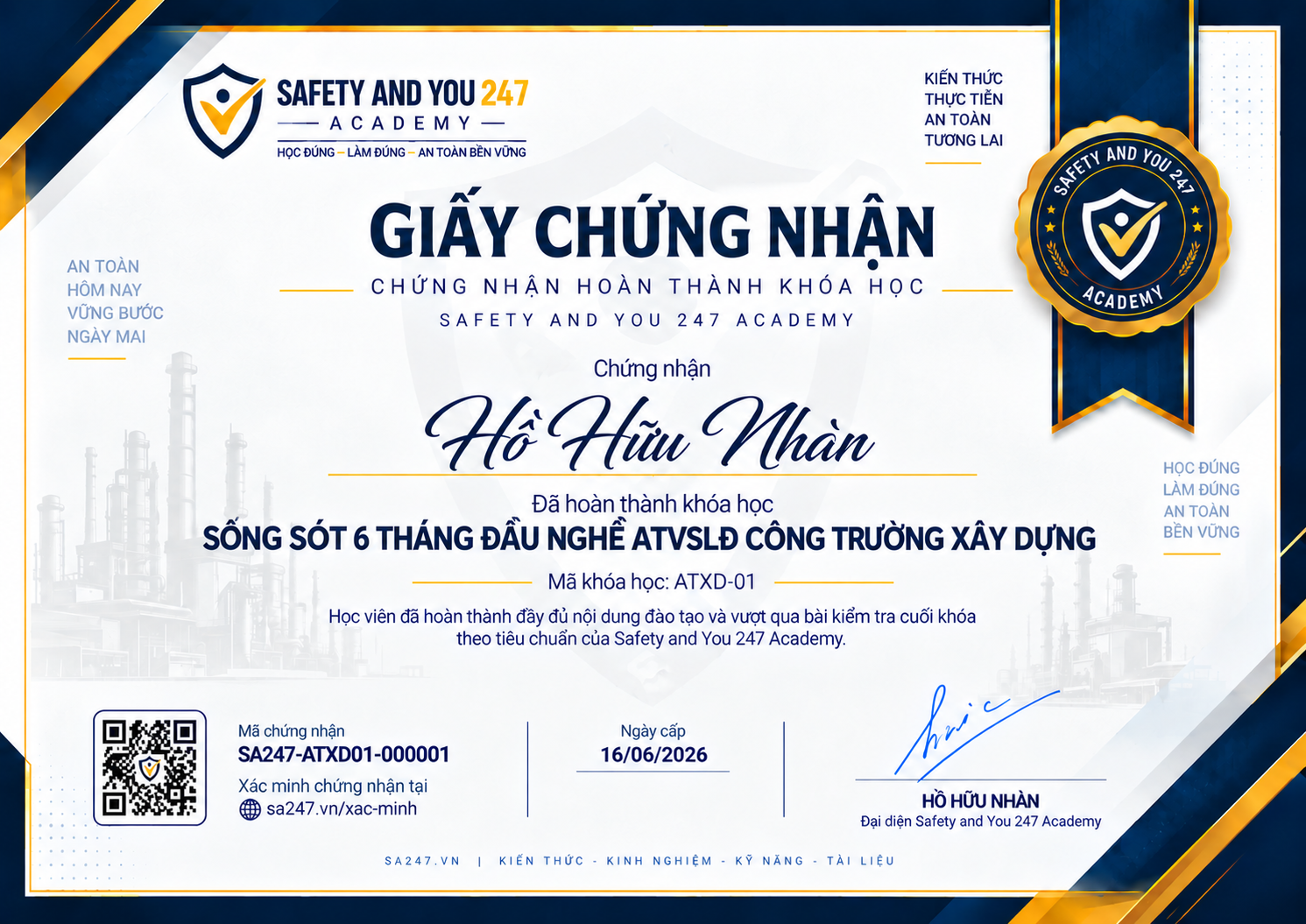 Form mẫu giấy chứng nhận khóa ATXD-01 — Sống sót 6 tháng đầu nghề ATVSLĐ công trường xây dựng